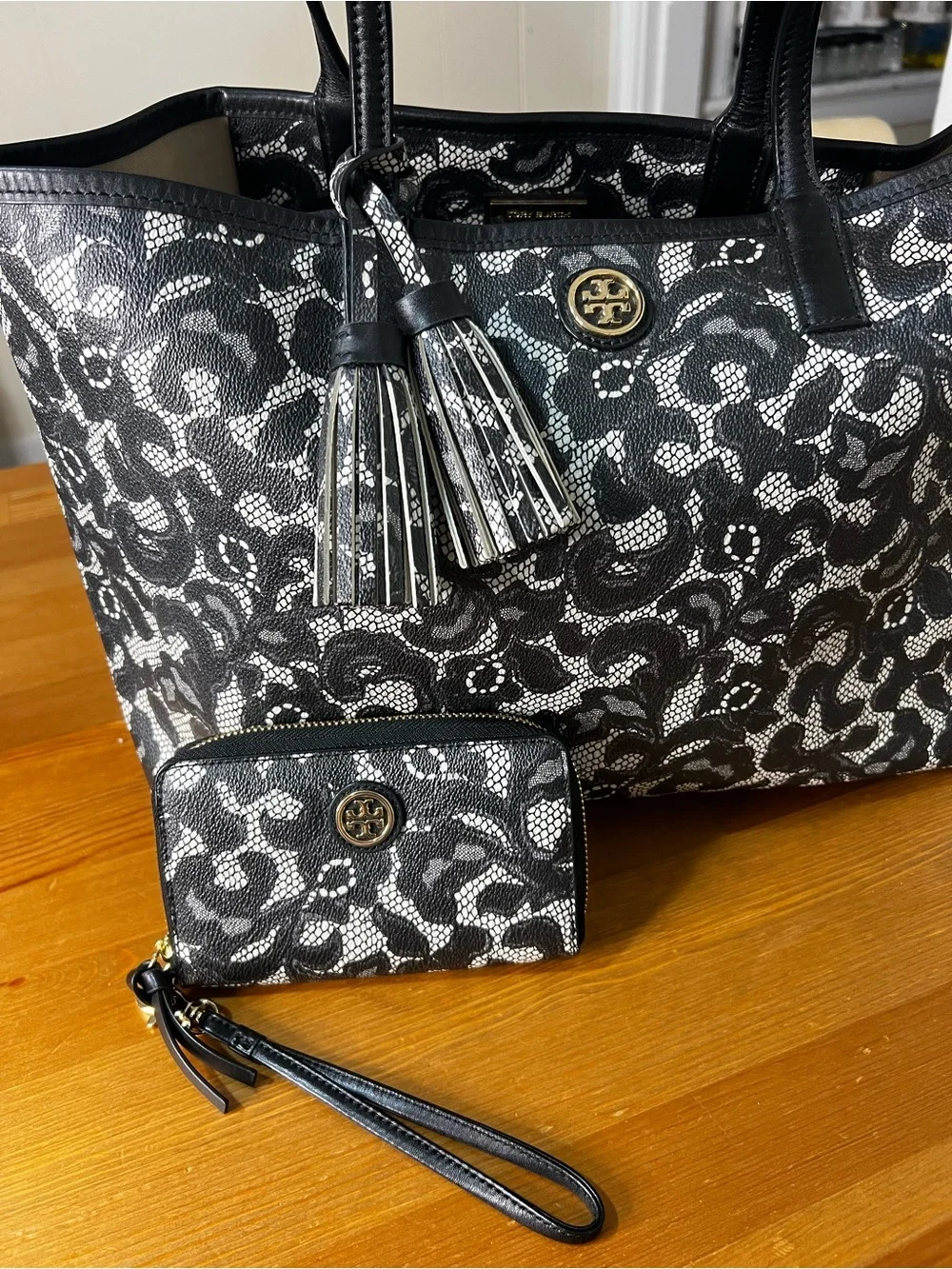 Tory Burch Black and White Lace-Print Tote with Wristlet